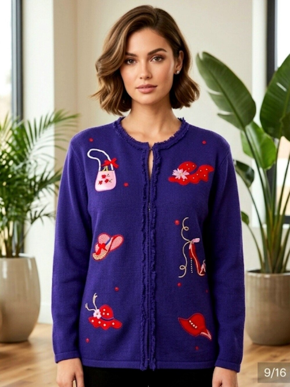 BonWorth Vintage Embroidered Embellished Cardigan Purple Fringe Size MP